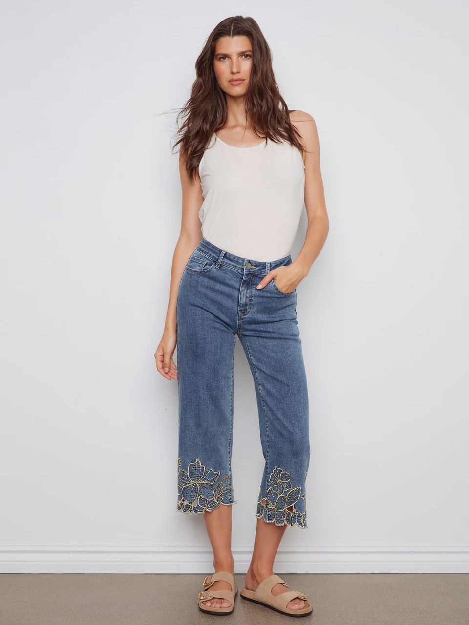 Charlie B. Denim Pants With Flower Embroidery