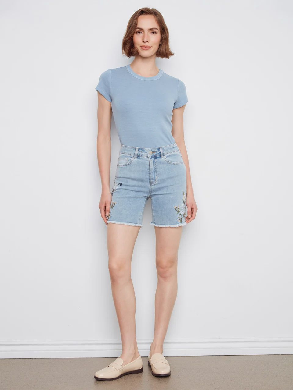 Charlie B. Embroidered Stretch Denim Shorts