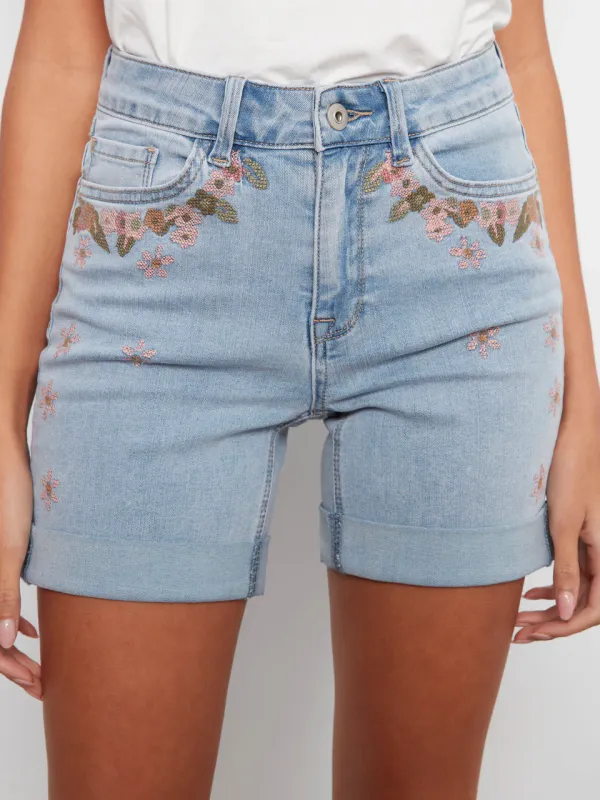 Charlie B. Embroidered Stretch Denim Shorts