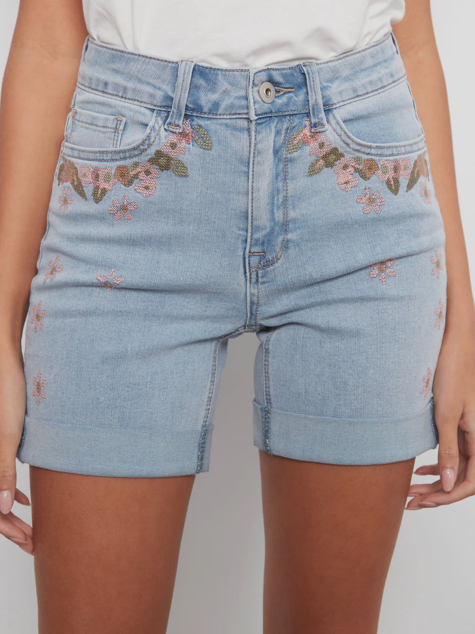 Charlie B. Embroidered Stretch Denim Shorts