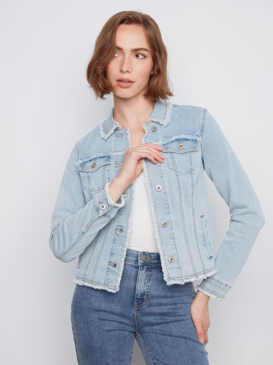 Charlie B. Fringe Edges Stretch Denim Jacket