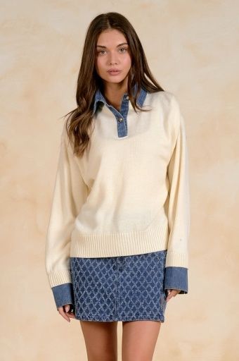 ELAN Collared Denim Sweater, Colour: off white, Size: XS