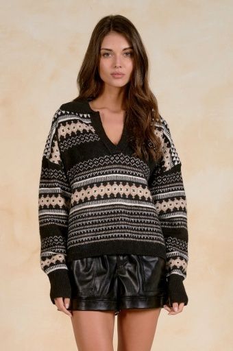 ELAN  Tribal V-Neck Sweater, Colour: black, Size: XS