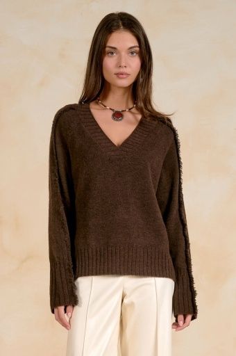 ELAN Mocha Fray V-Neck Sweater, Colour: brown, Size: XS