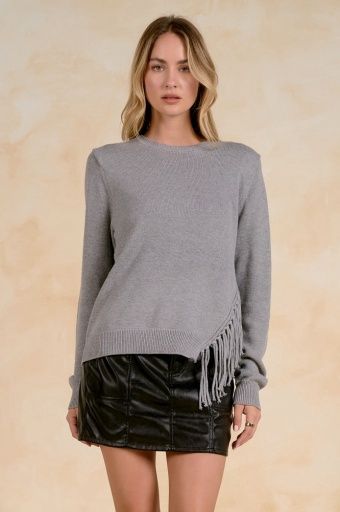 ELAN Gray Textured Fringe Knit, Colour: grey, Size: XS