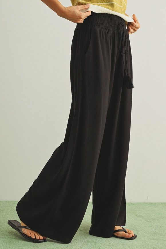 MIOU MUSE Smocked Waist Linen Blend Pants