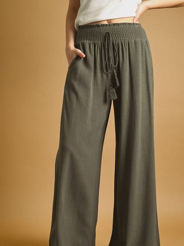 MIOU MUSE Smocked Waist Linen Blend Pants