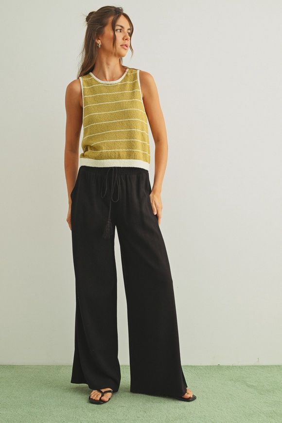 MIOU MUSE Smocked Waist Linen Blend Pants, Colour: Black, Size: S