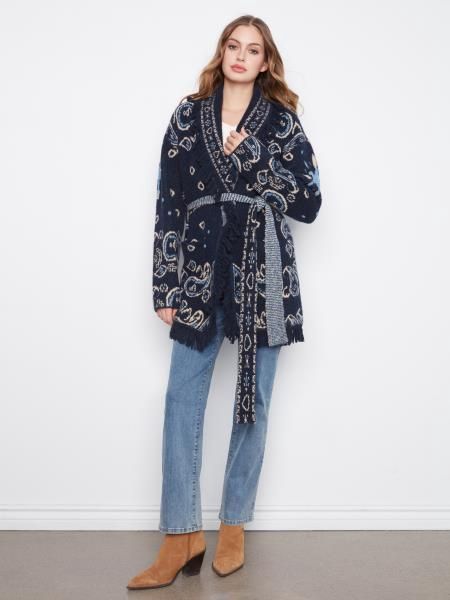 Charlie B. Long Jacquard Sweater with Belt