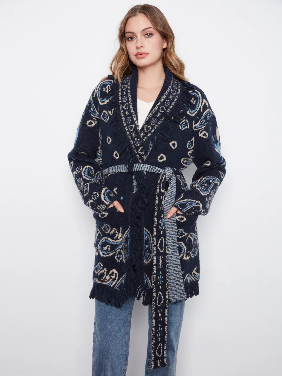 Charlie B. Long Jacquard Sweater with Belt