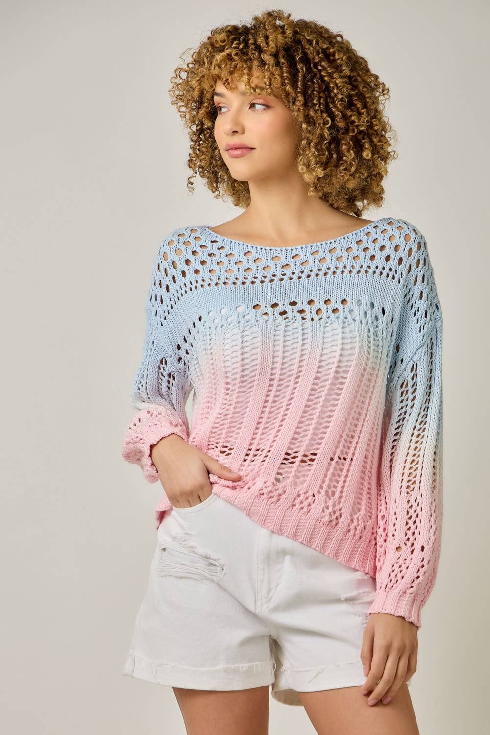 Ombre Waterdye Knitted Pullover, Color: Blue/Pink, Size: S
