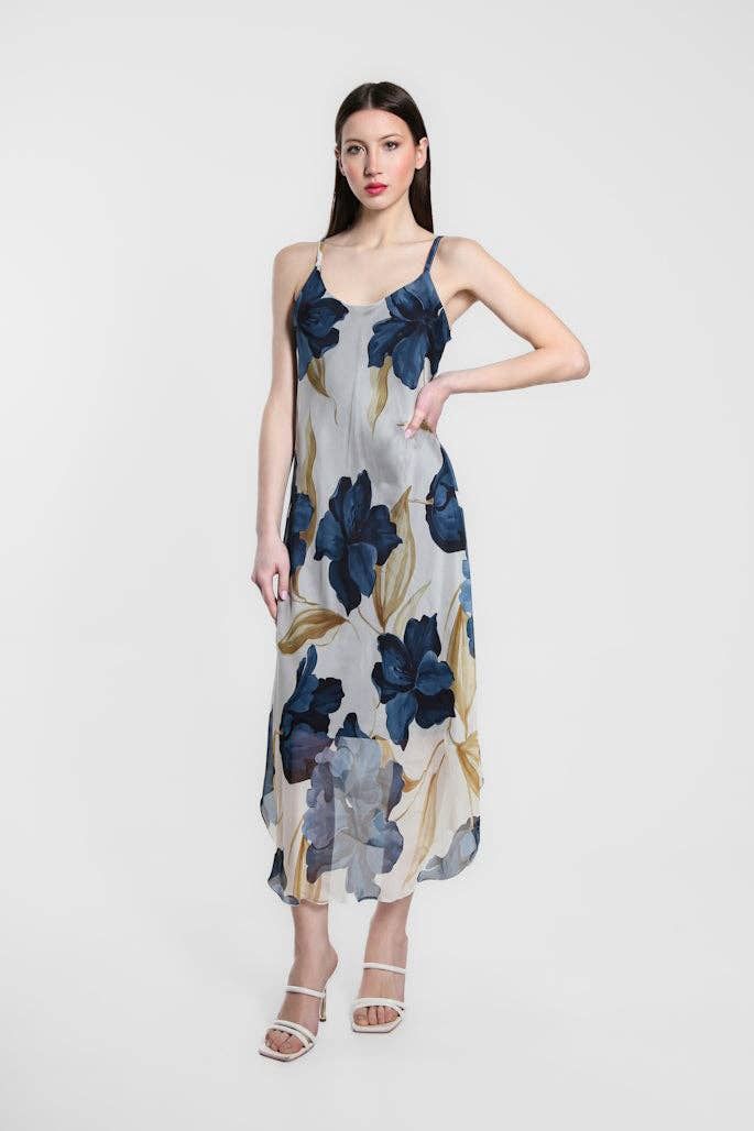 Rachel Iris Print Silk Midi Dress