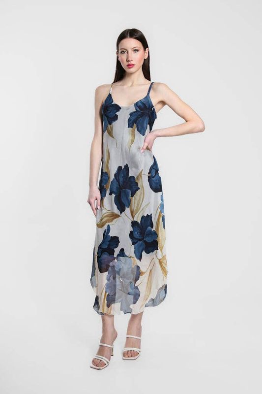 Rachel Iris Print Silk Midi Dress