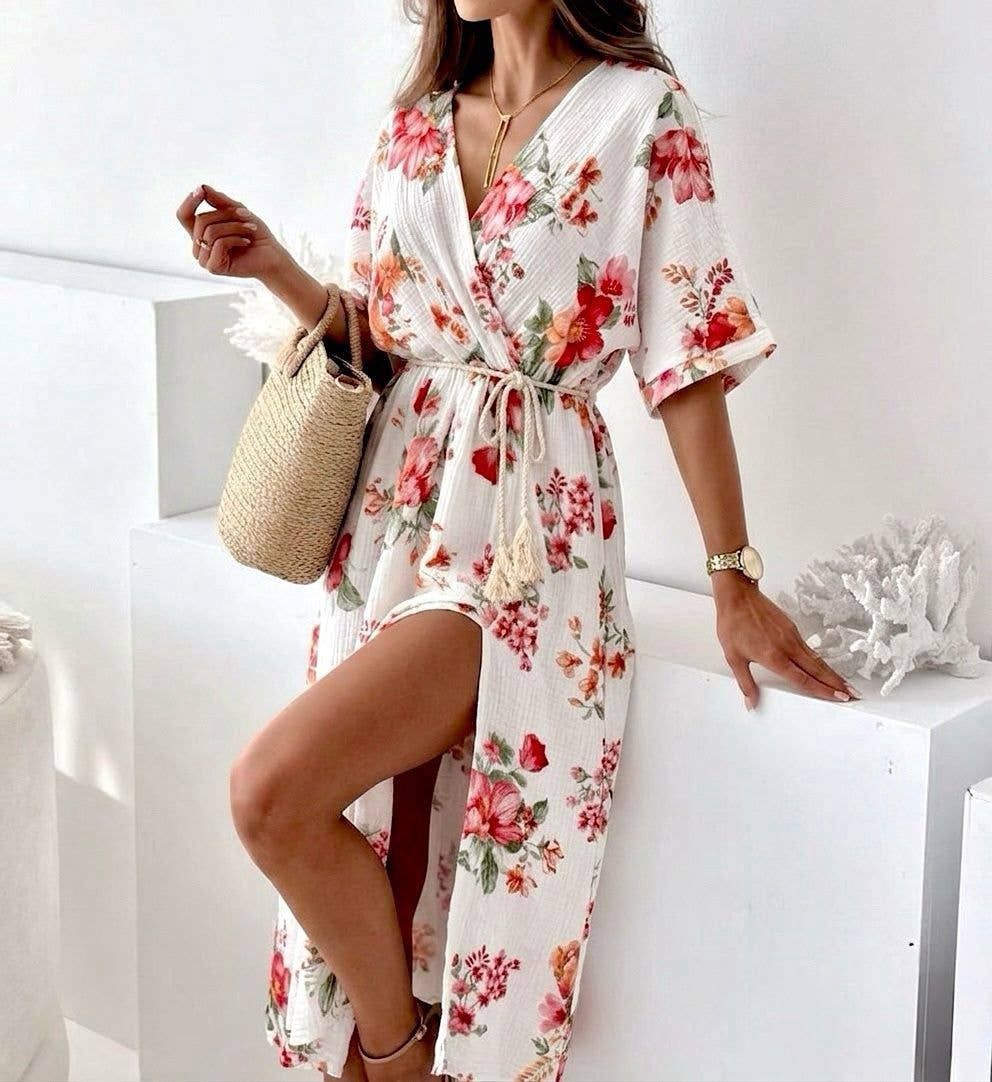 Italian OS White Floral Wrap Dress