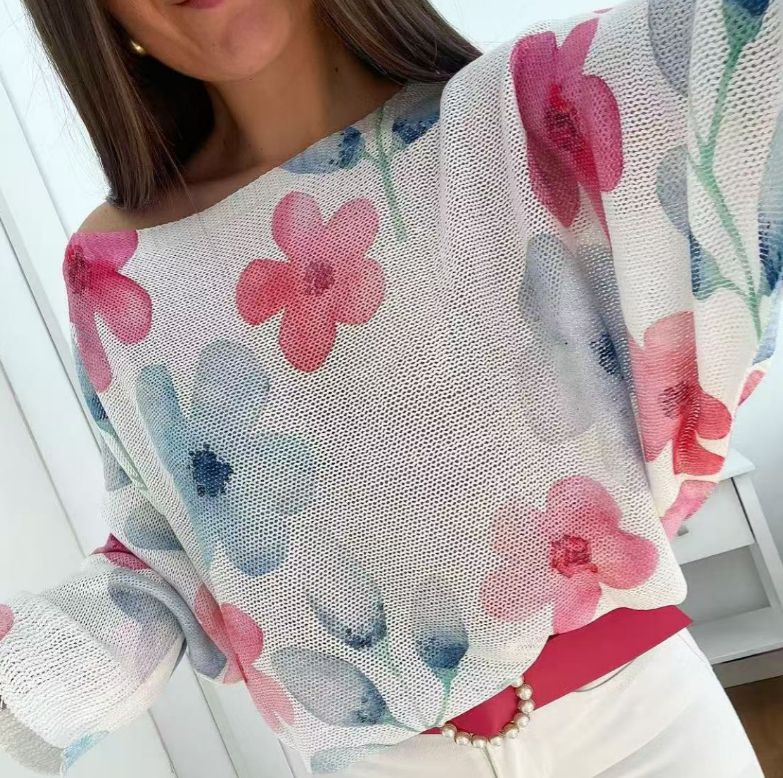 White Floral V-Neck Sweater