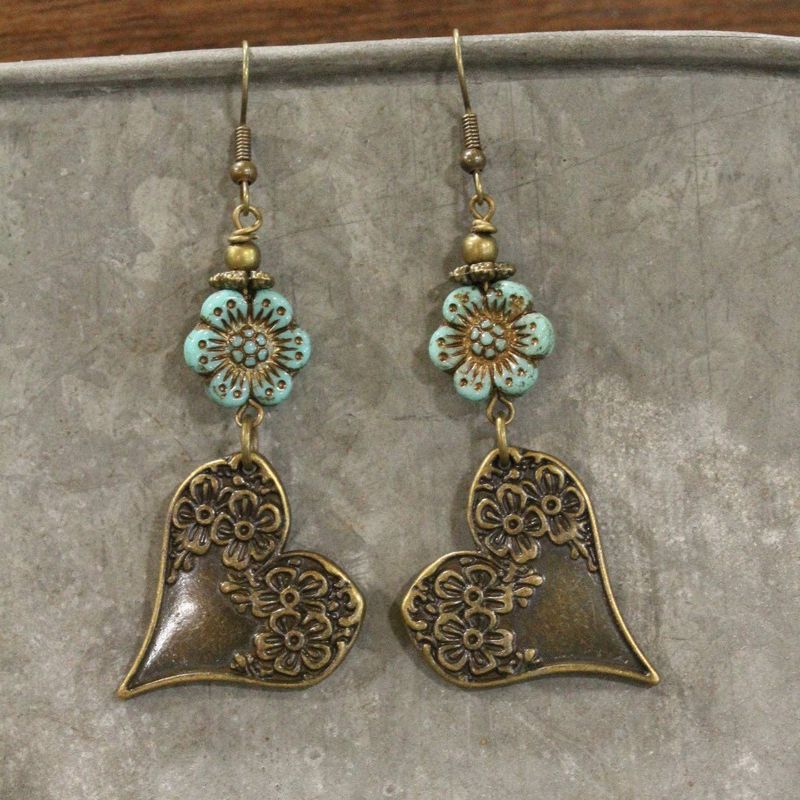 Czech &amp; Bronze Mint Heart Charm Dangle Earrings