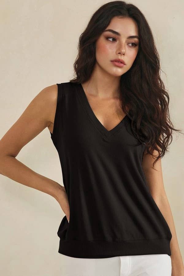 LuxeAir Ribbed Relaxed V-Neck Tank Top, Color: Black, Size: M