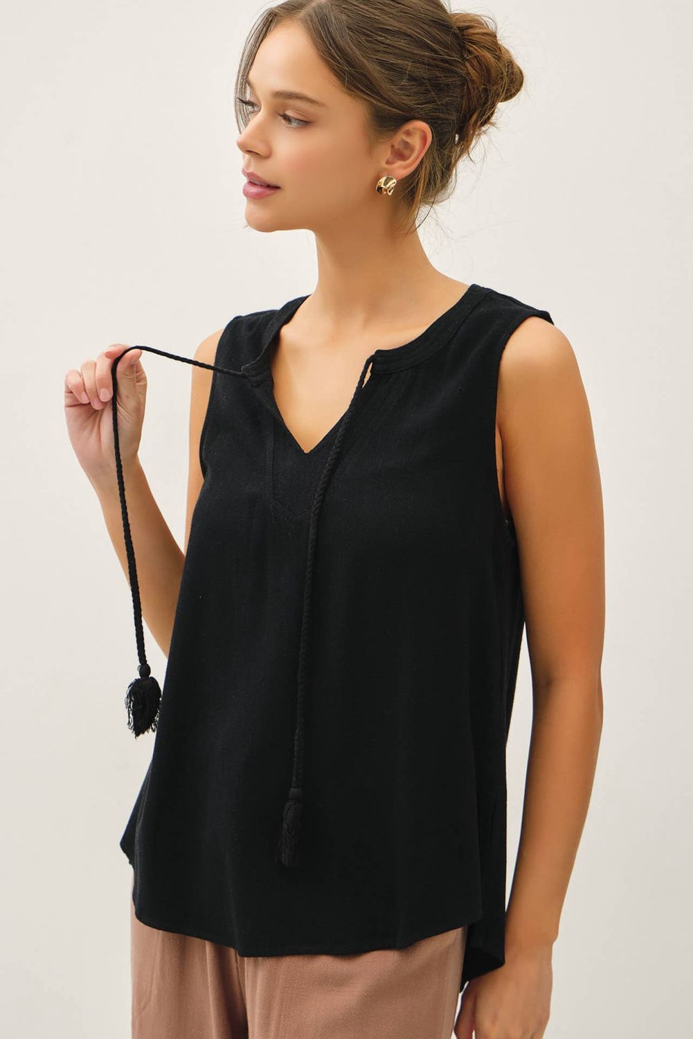 Linen Blend Two-Tie Swing Top, Color: Black, Size: L