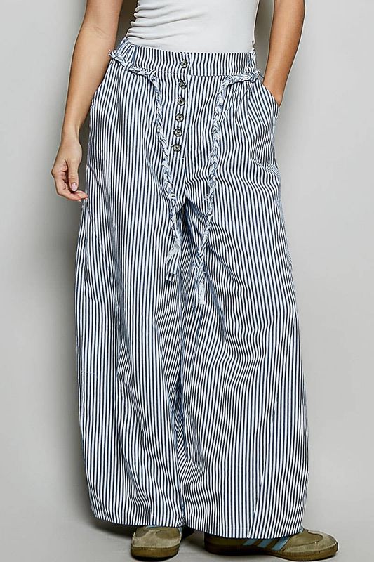Braided Belt Striped Denim Pants