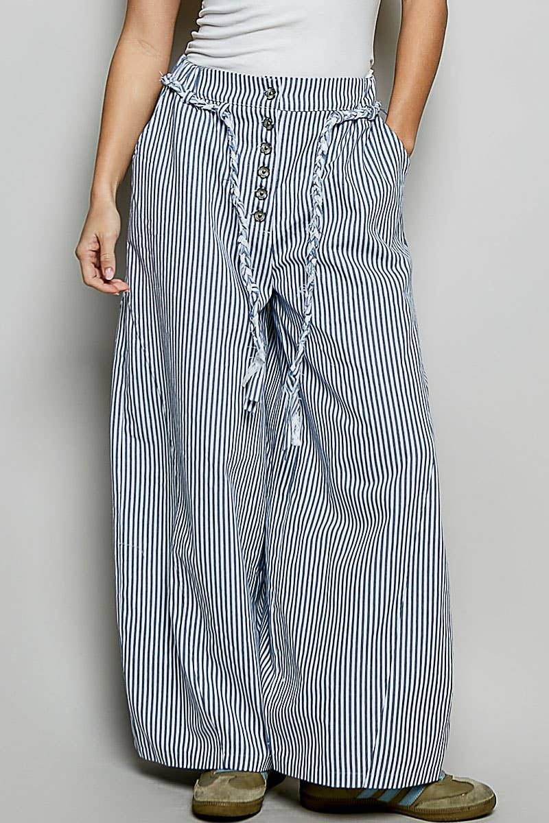 Braided Belt Striped Denim Pants, Size: M