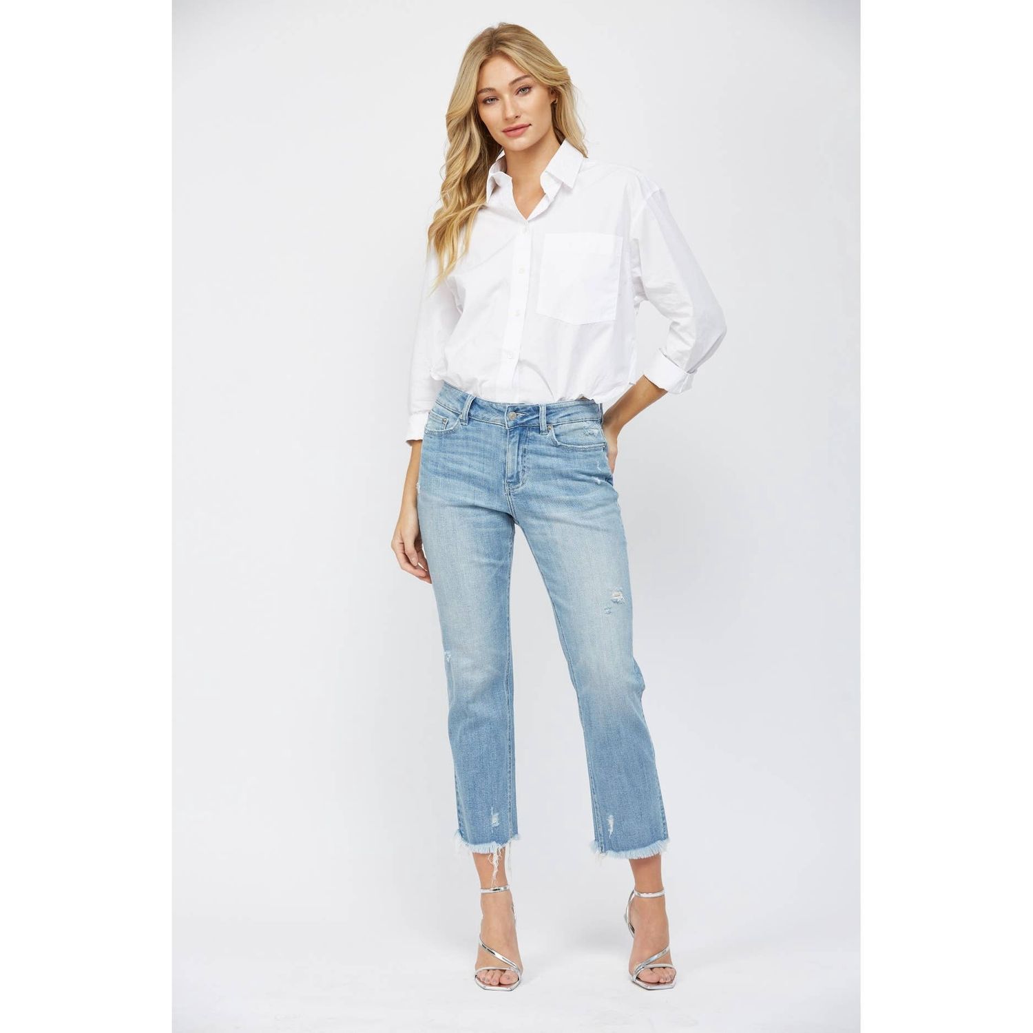 mica denim Mid-Rise Cigarette Crop, Color: POWER BLUE, Size: 24