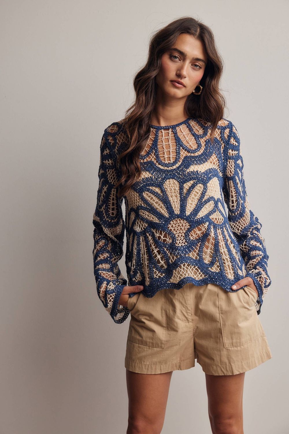 Crochet Floral Pattern Sweater, Color: Ensign Blue, Size: S
