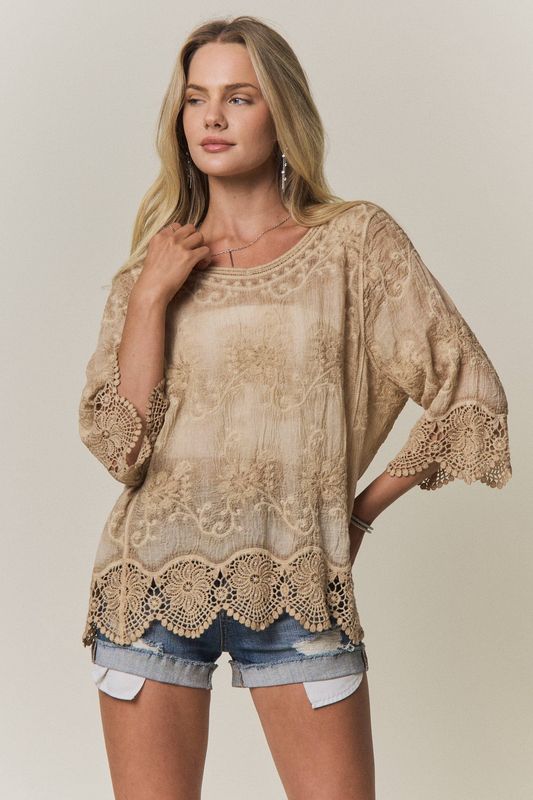 Embroidered Cotton Lace Trim Top