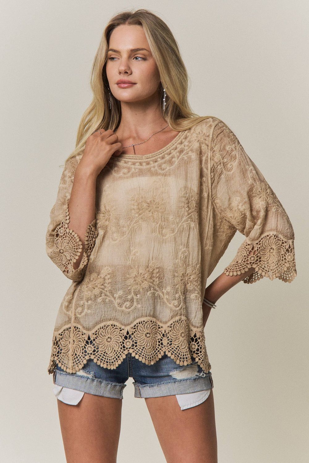 Embroidered Cotton Lace Trim Top, Color: Latte, Size: OS