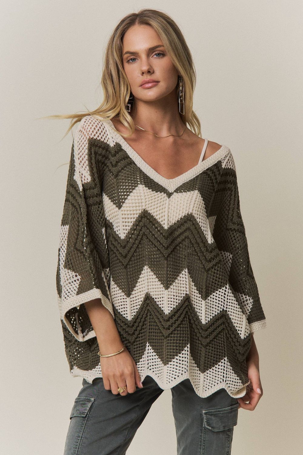 Bohemian Chevron Crochet Knit Top, Color: Olive, Size: S