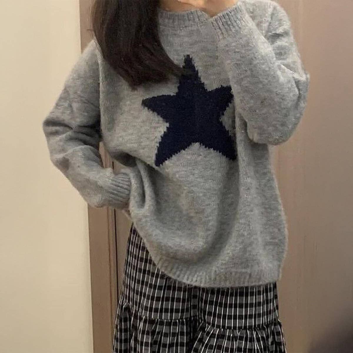 Star Print Knit Sweater, Color: Grey, Size: S