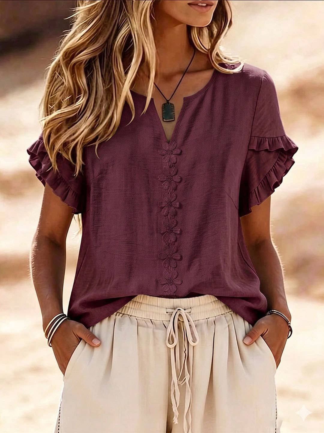 Boho V-Neck Ruffle  Blouse, Color: WineRed, Size: M