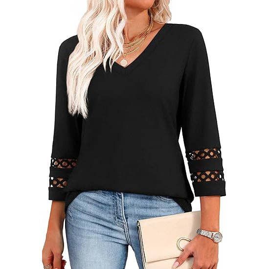 Lace V Neck, Color: Black, Size: M