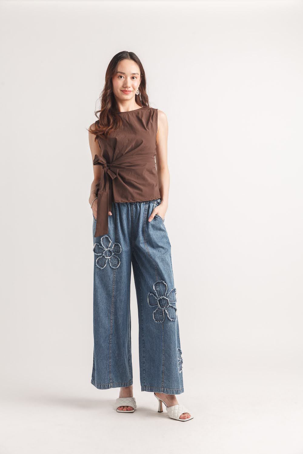 Denim Elastic Waist Pants with 3D Floral Detail