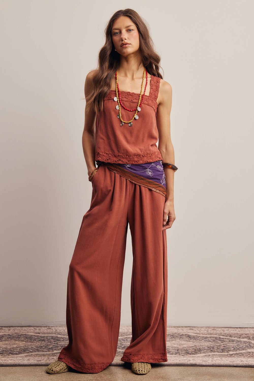 Embroidered Tank &amp; Wide-Leg Pant Set, Color: Brick, Size: L