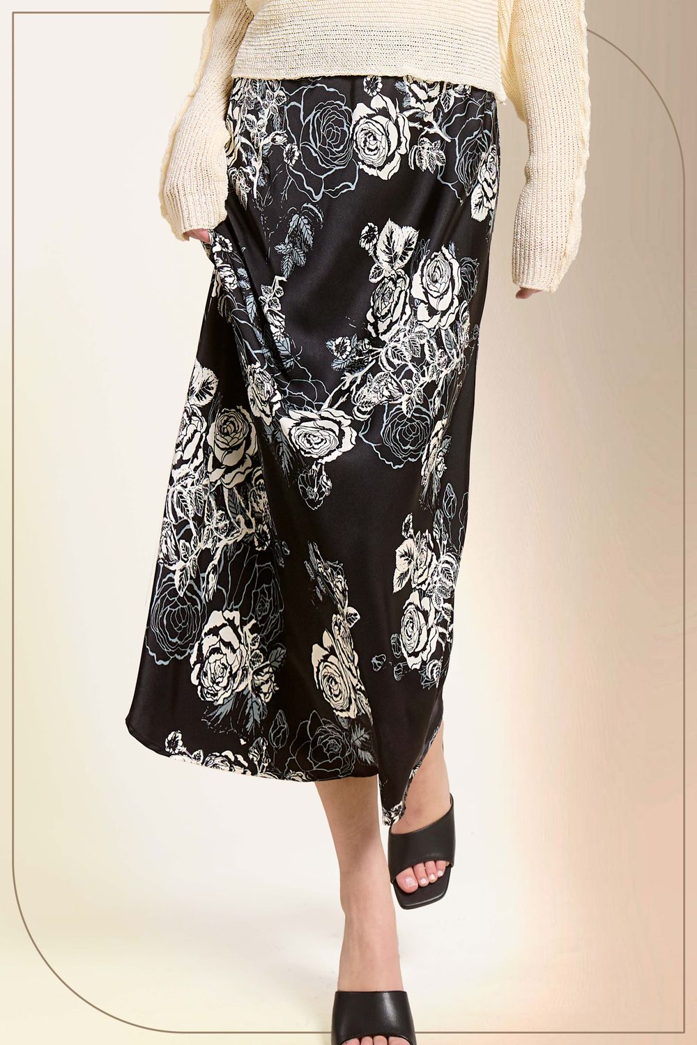 Floral Satin Midi Skirt, Color: Black, Size: L