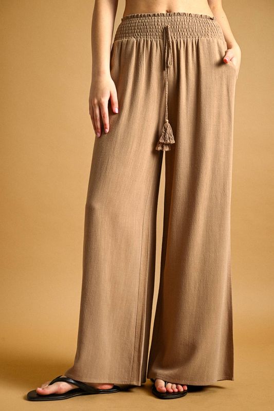 Smocked Waist Wide-Leg Linen Pants