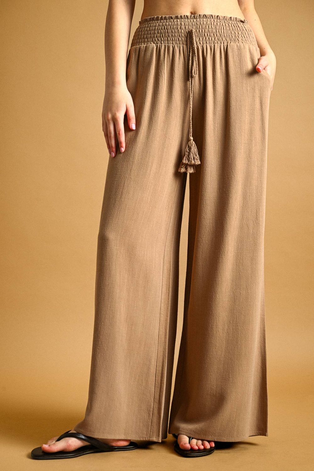 Smocked Waist Wide-Leg Linen Pants, Color: SOFT GINGER, Size: L