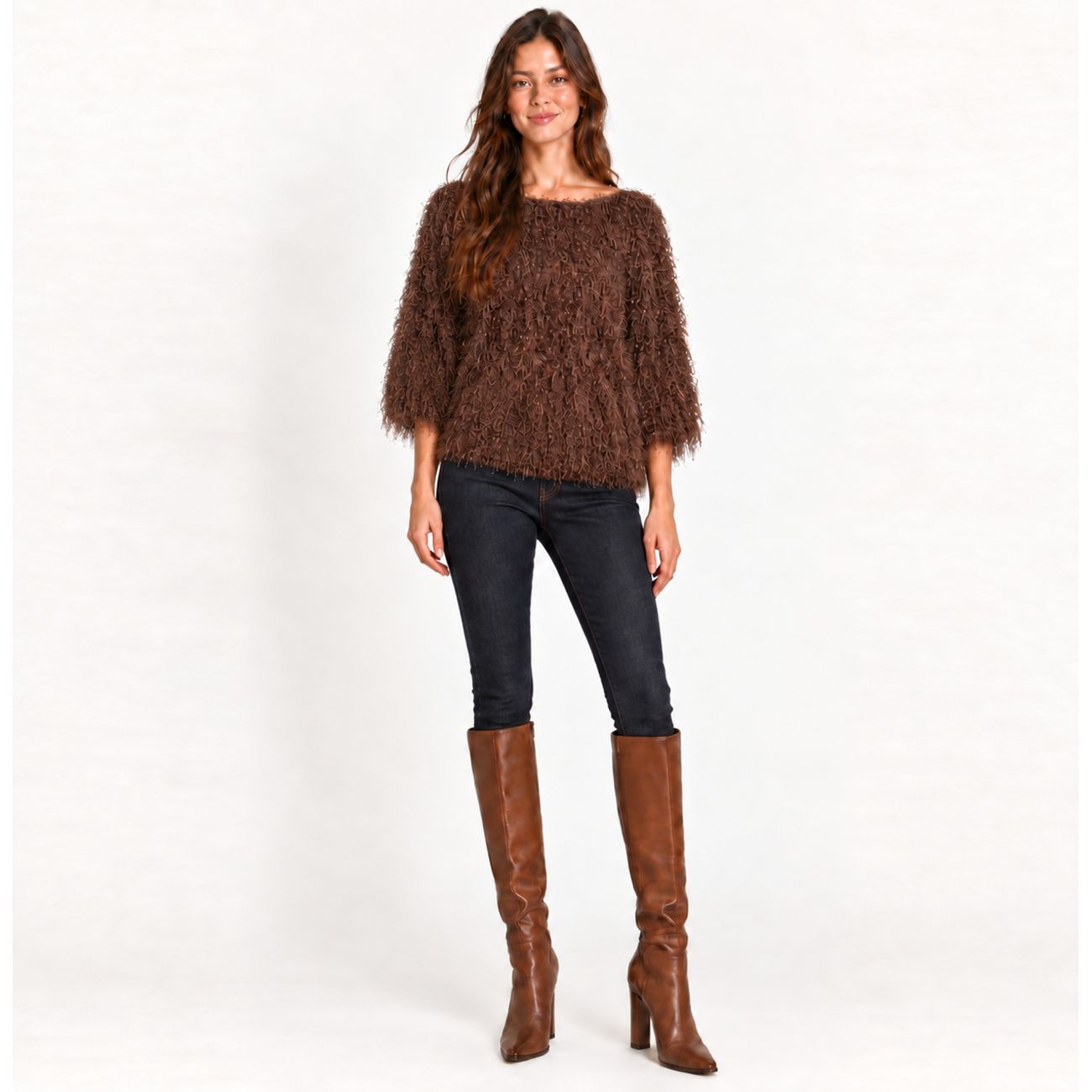 Chocolate Eyelash Knit Boatneck Sweater, Size: L