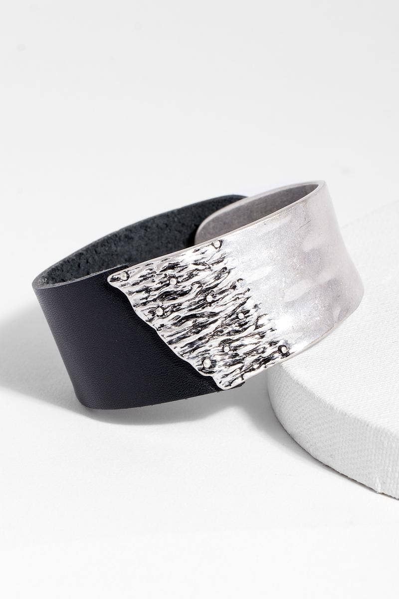 Leather Metal Statement Bracelet, Color: black silver