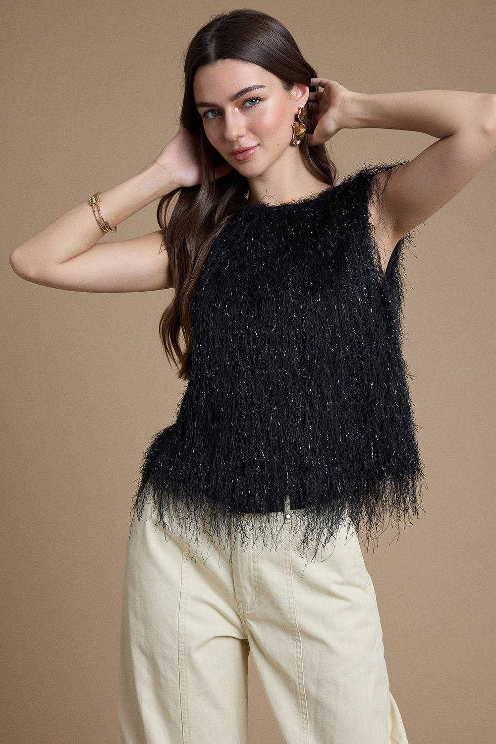 Metallic Eyelash Knit Sleeveless Top, Color: BLACK, Size: S