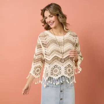 COCO + CARMEN Lottie Crochet 3/4 Sleeve Top with Tassels