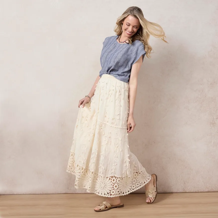 COCO + CARMEN Journey Pull-On Embroidered Crochet Skirt
