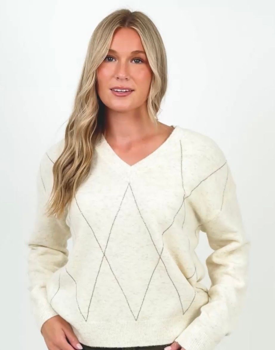 Winter White Cream Sparkly Diamond V-Neck Sweater