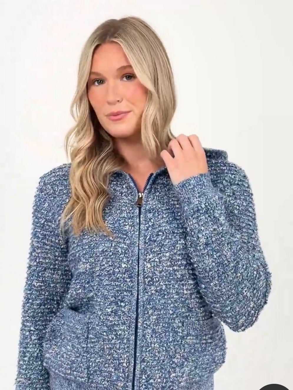 Blue Multicolor Thread Hooded Zip-Up Cardigan Sweater