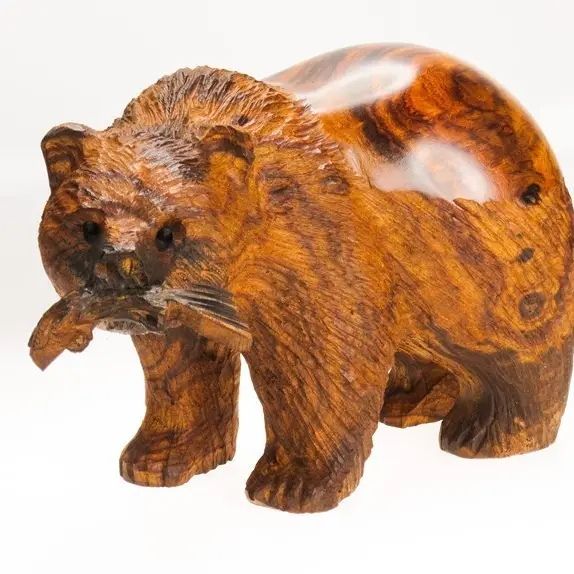 Grizzly Bear with Fish Ironwood Carving