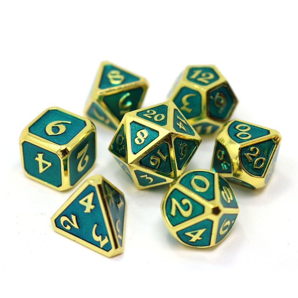 dh DICE SET 7 METAL MYTHICA AQUAMARINE GOLD