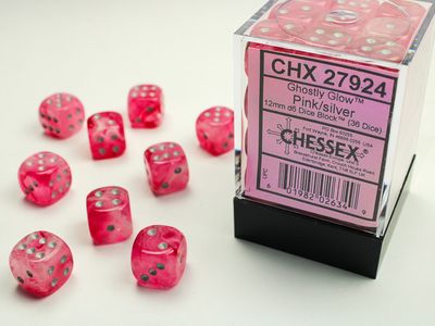 DICE SET D6 12mm GHOSTLY GLOW PINK w/ SILVER