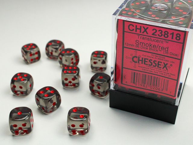 DICE SET D6 12mm TRANSLUCENT SMOKE w/ RED