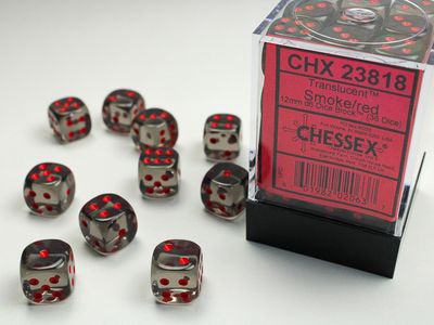 DICE SET D6 12mm TRANSLUCENT SMOKE w/ RED