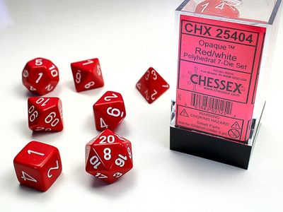 chx DICE SET 7 OPAQUE RED w/ WHITE